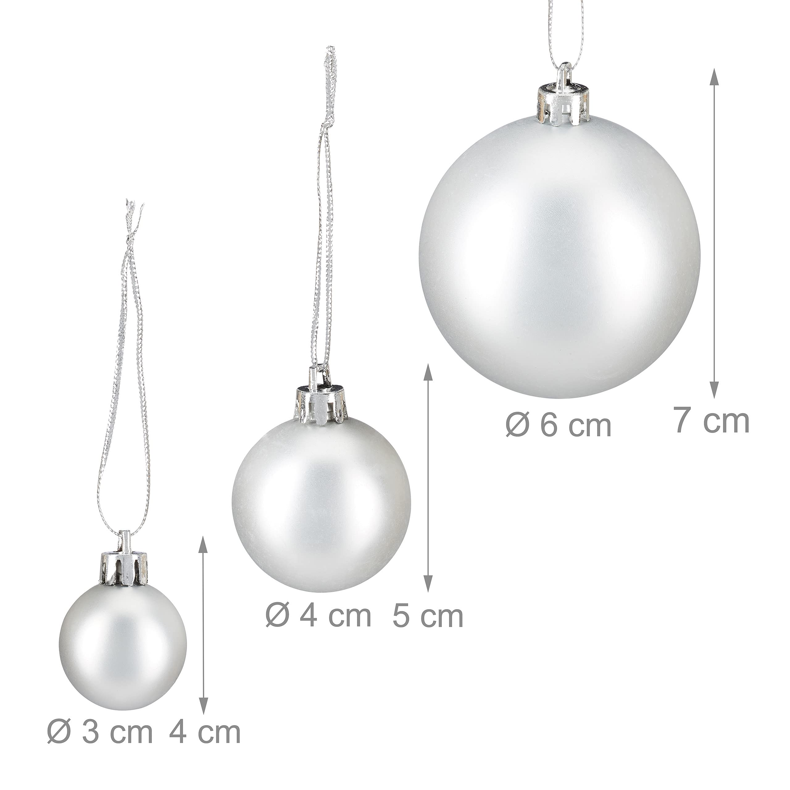 Relaxdays Christmas Baubles Set of 100, Festive Ornaments, Matt, Shiny, Glitter, Tree Balls ∅ 3, 4 & 6 cm, Silver, PS, 7 x 6 x 6 cm - Image 4