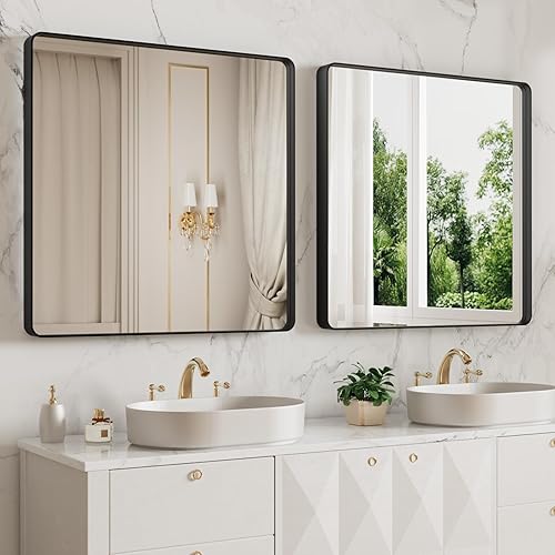 Miniatura 449 de LOAAO - Espejo de tocador para baño con marco de metal negro mate de 24 x 32 pulgadas para pared, rústico, rectangular, grande, redondeado