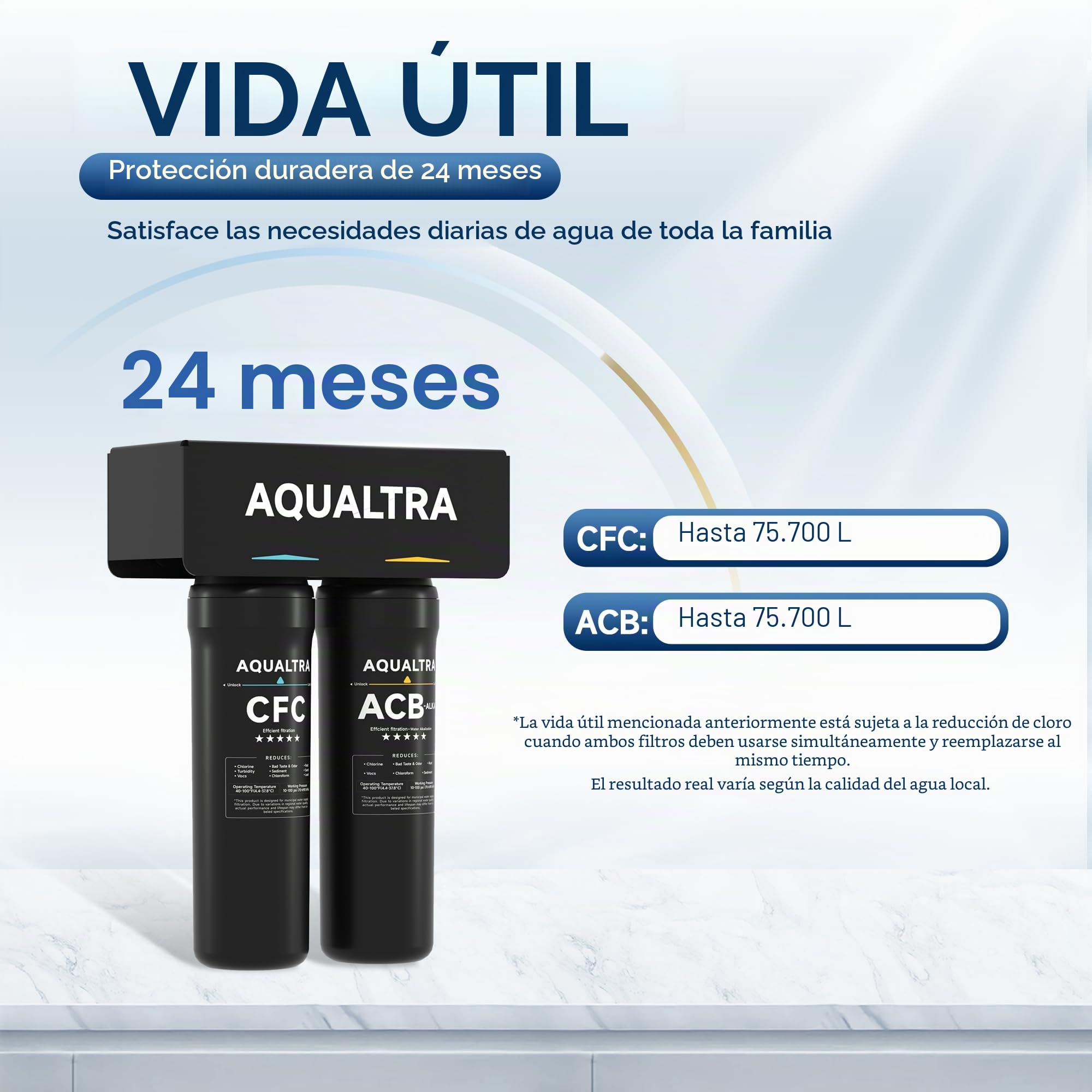 AQUALTRA USF-2F-10 Sistema bajo fregadero ligeramente alcalino con grifo, 75700L, reduce PFOA, PFOS, cloro, plomo, mercurio, cloramina, fluoruro, microplásticos, mal sabor y olor