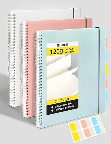 SUNEE Cuadernos de puntos en espiral  Diarios B5 en espiral, papel punteado grueso de 4.23 ozm, paquete de 3 cuadernos de cuadrícula de puntos para