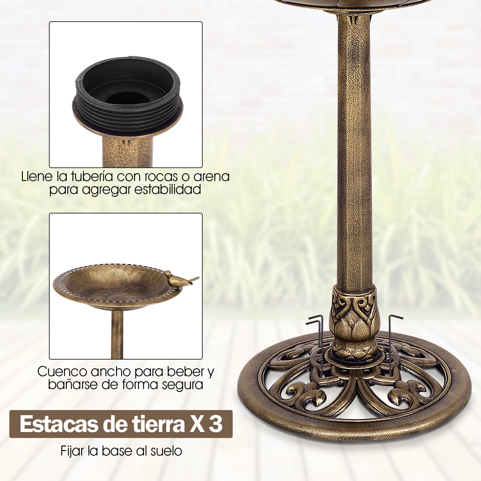 GYMAX Comedero Pajaros Exterior de PP, Bebedero Pajaros con 3 Clavos de Anclaje, Resistente a la Intemperie, Baño para Pájaros de 51 x 51 x 72 cm, Bañeras para Pájaros Decorativas de Jardín y Bosque