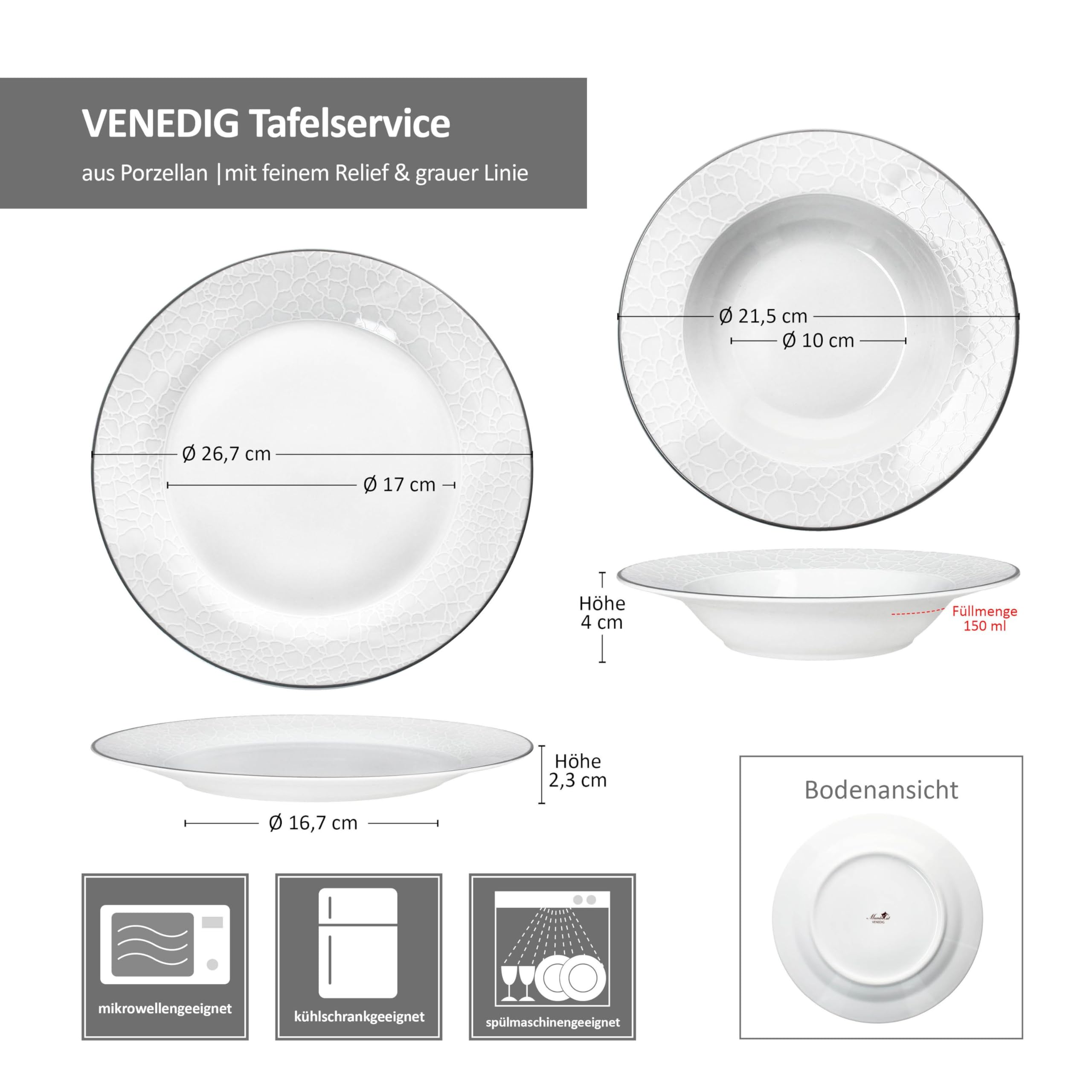 MamboCat Venise Service de table 12 pièces I Vaisselle en porcelaine blanche élégante pour 6 personnes I 6 assiettes plates et 6 assiettes creuses 150 ml avec relief aspect galets avec ligne grise