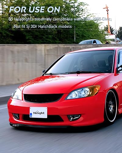 Miniatura 6 de Nilight Conjunto de faros delanteros compatible con Honda Civic 2004 2005, carcasa negra, reflector ámbar, lente transparente mejorada, lado del