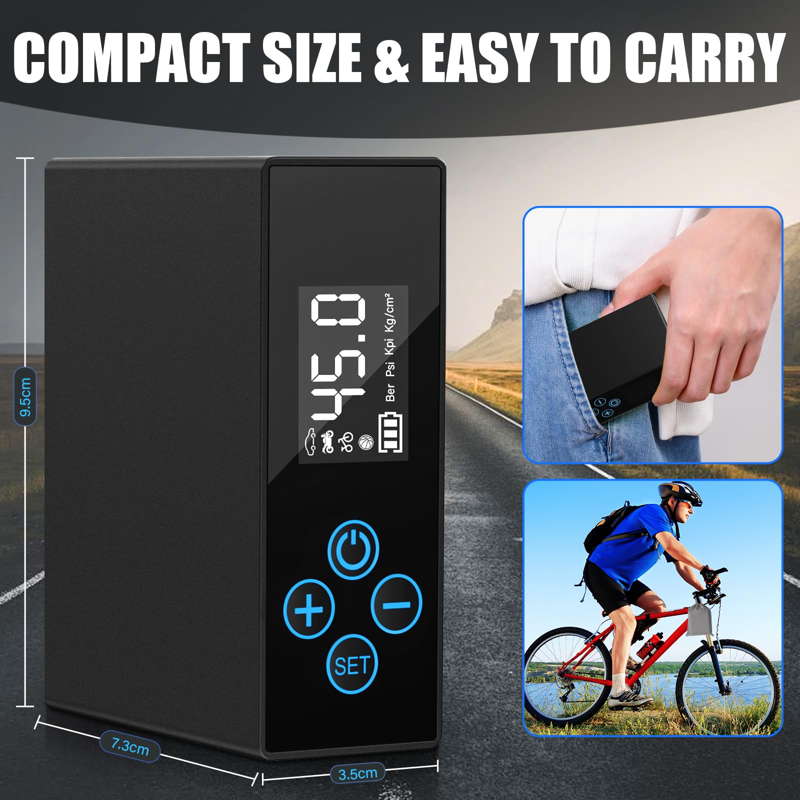 Pompa per Bicicletta Elettrica, Mini Manometro Digitale LCD per Pompa da Bici 4400 mAh, Pompa ad Aria per Bicicletta 100 PSI con Valvola Presta e Schrader per MTB, Bici da Città e Bici da Strada