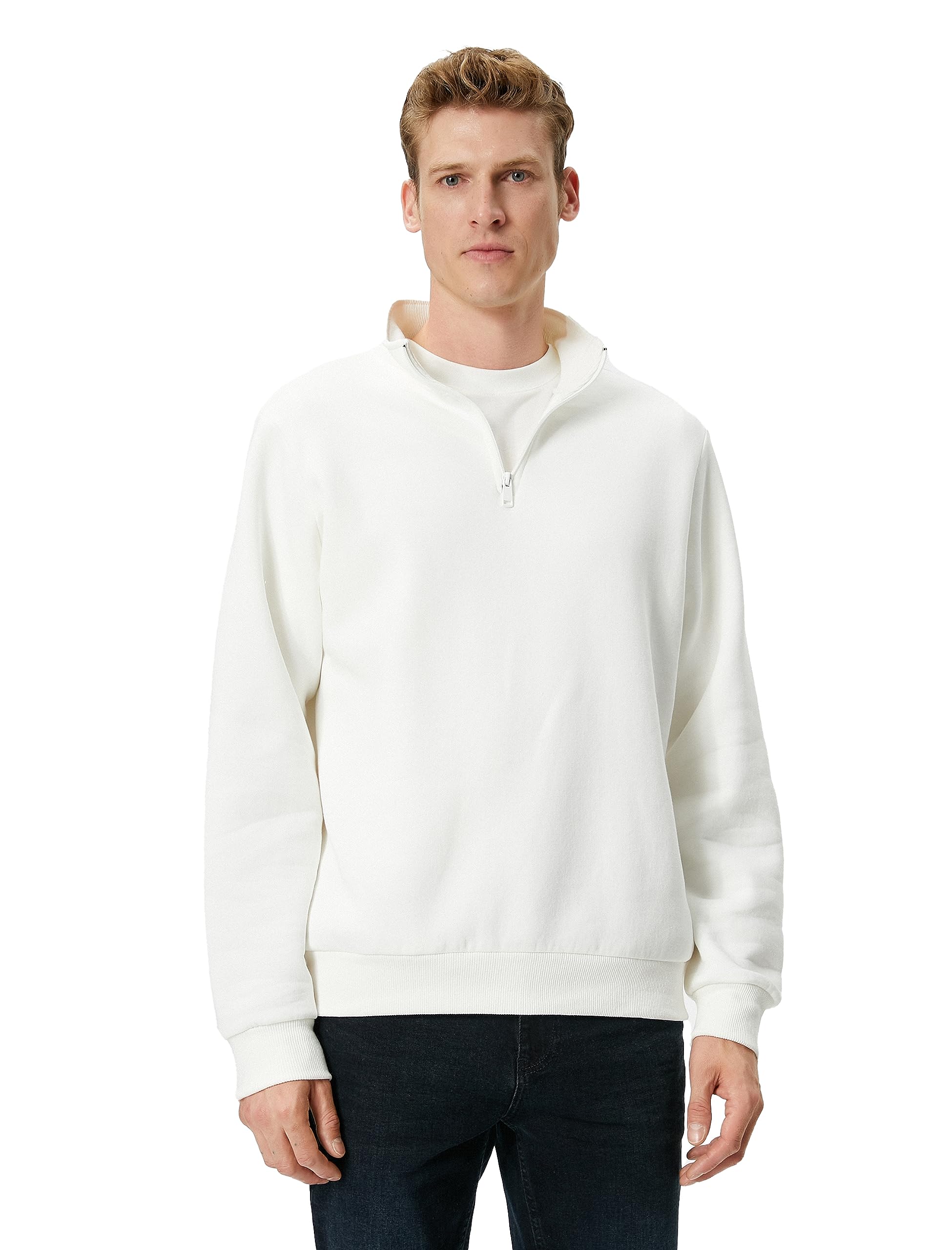 Koton Felpa Uomo Con Mezza Zip - Maniche Lunghe - Grigio - 65% Cotone, 35% Poliestere - Taglia M