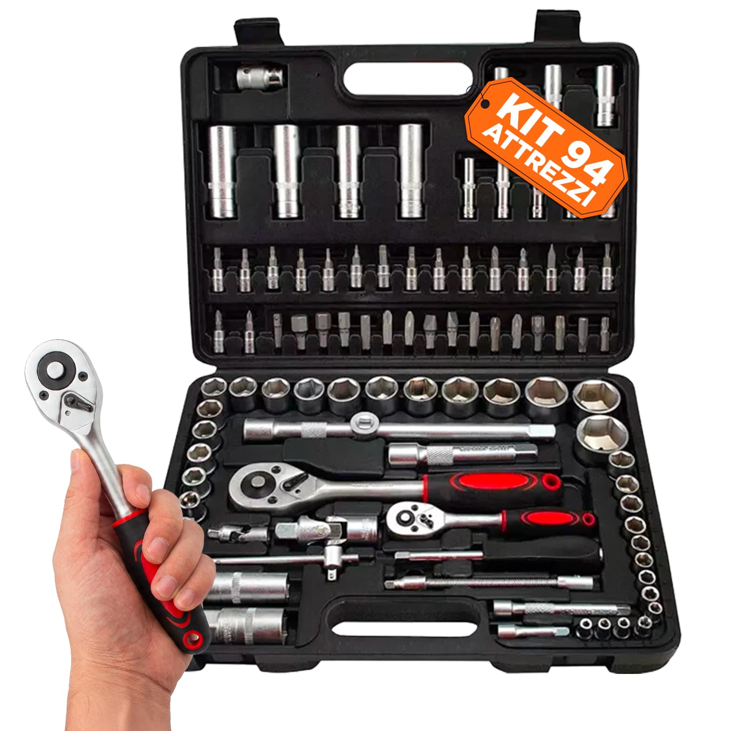Avilia - Valigetta Universale con 94 Utensili e Custodia Rigida – Set Meccanica Professionale con Cricchetti 1/2" e 1/4" – Kit Completo di Bussole, Punte e Prolunghe per Auto e Fai-da-te