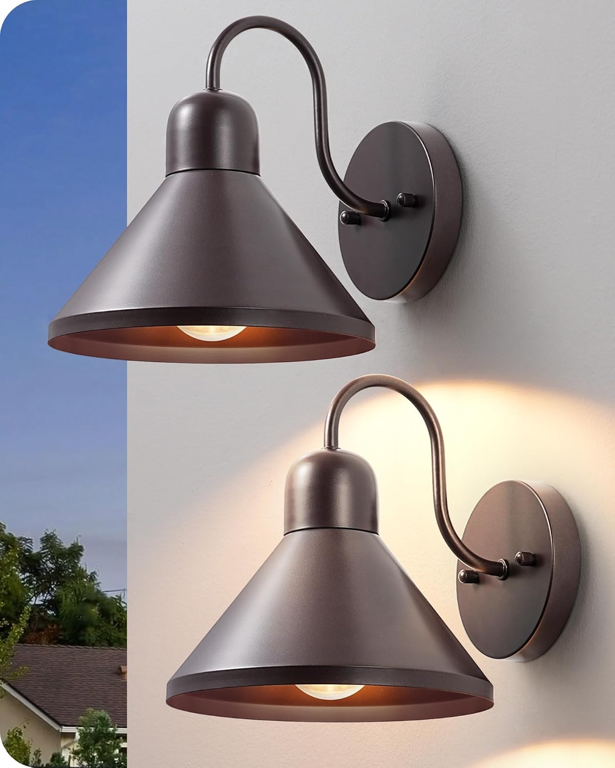 EDISHINE 2 Pack Gooseneck Barn Light, 8IN Outdoor Wall Light Fixture, Farmhouse Outside Wall Sconce, Brown Wall Mount Lantern for Porch, Entryway, Garage