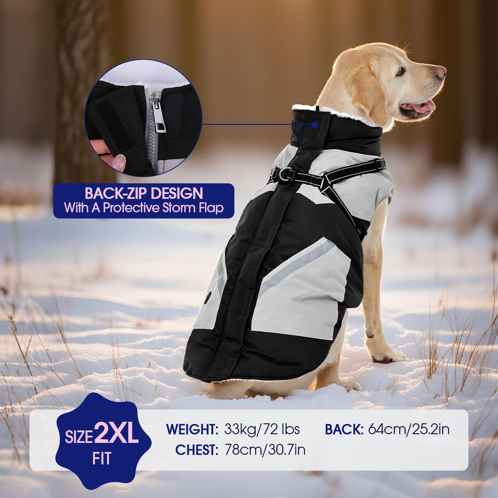 FUAMEY Chaqueta para perro, abrigo de invierno impermeable y reflectante con arnés y cremallera integrados, talla XXXL extra grande, color negro, con bolsillos para bolsas de excrementos