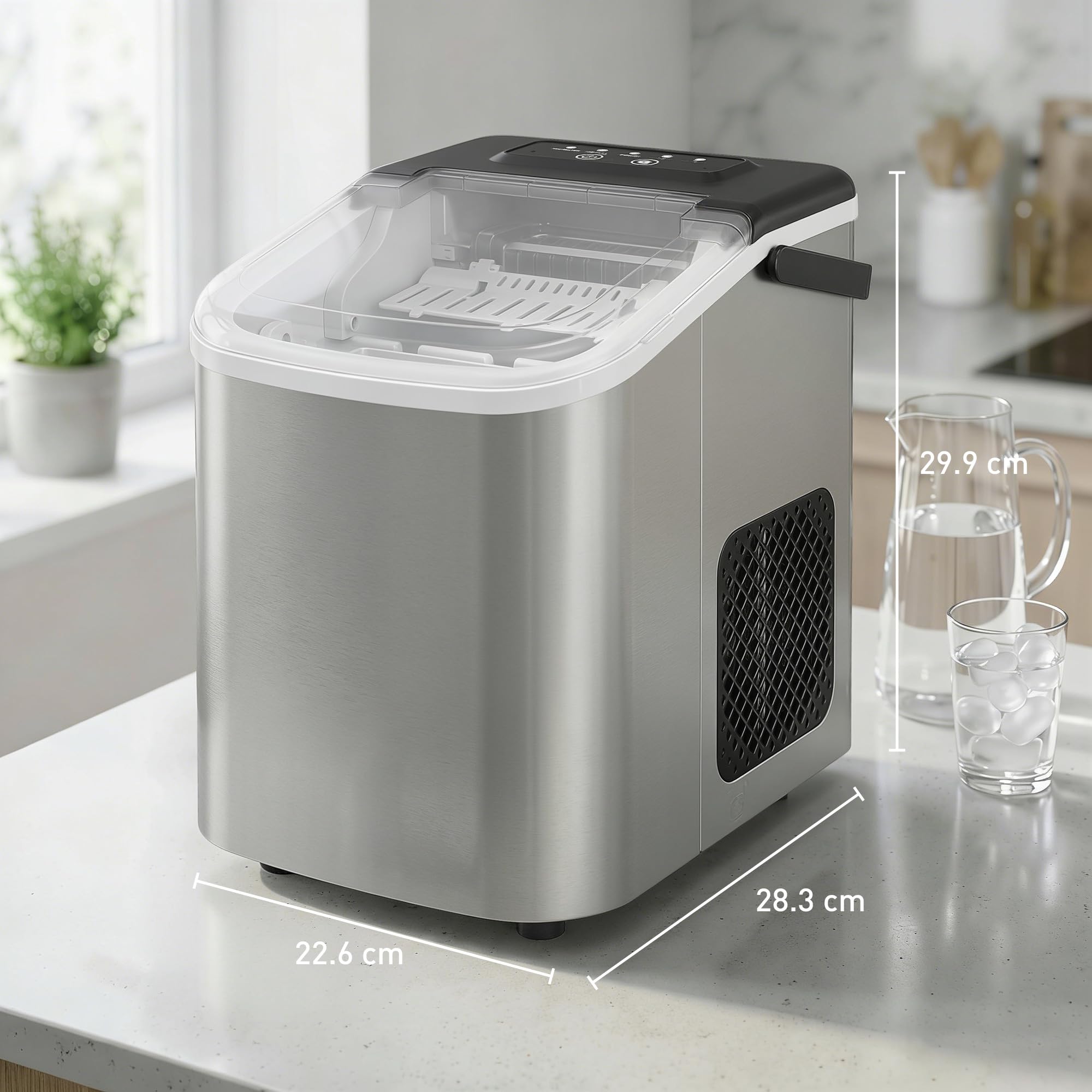 HOMCOM Macchina Ghiaccio 12kg/24h, Autopulente Macchina del Ghiaccio 9 Cubetti in 7-10Minuti, Acciaio Inox, 2 Dimensioni, Serbatoio 1.2L, Portatile, Silenzioso, Cestello Paletta, Casa Ufficio, Argento