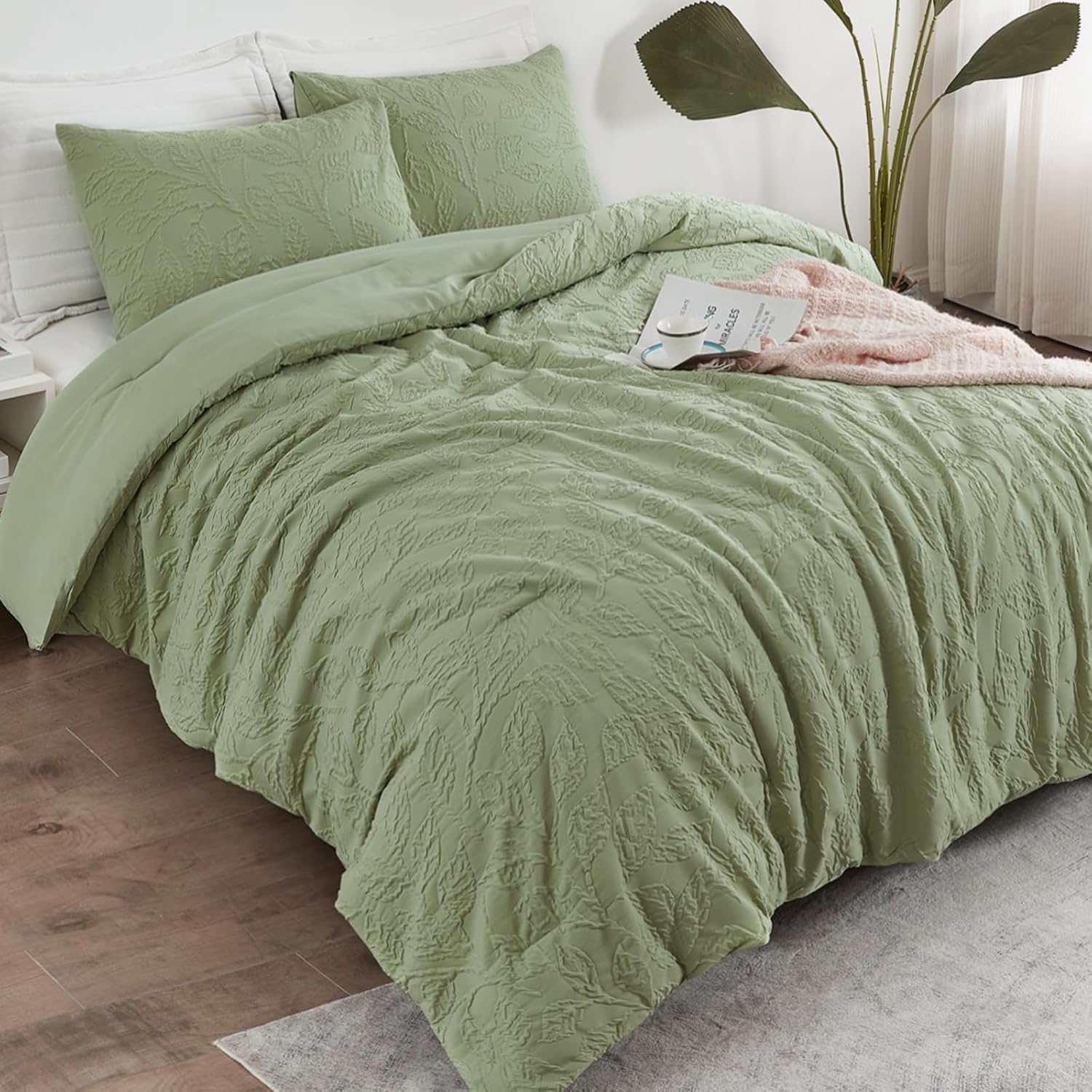 ENCOFT Green Comforter Set Queen, 3 Pieces Embossed Leaf