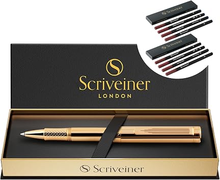 Scriveiner Heavy Gold Rollerball Pen, Award Winning Luxury Pocket Pen with 22K Gold Plated Finish, bundle with Rollerball Refill Black and Blue Medium - 8 Rollerball Refills in two box