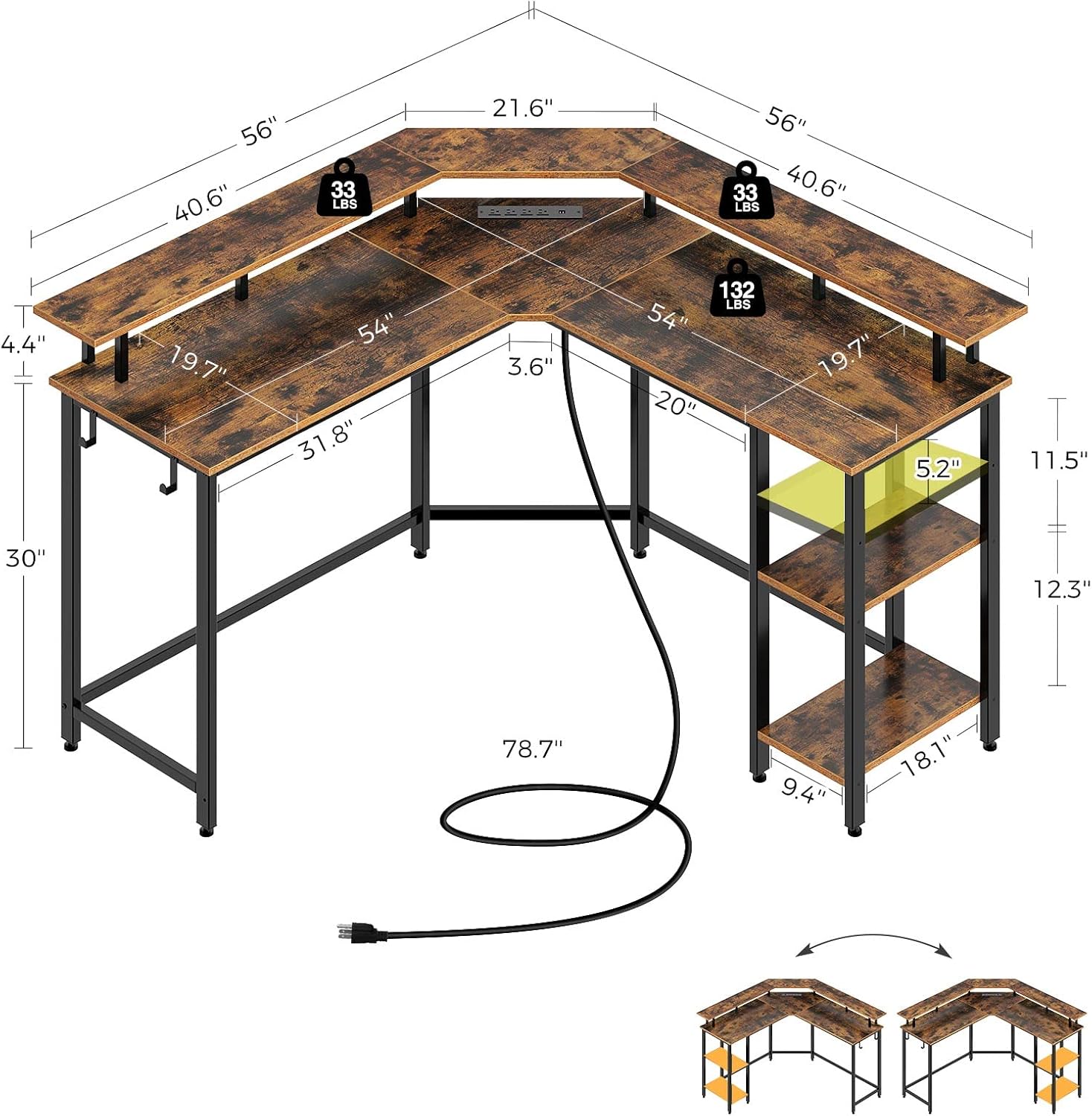Diagram showing dimensions and components of the L-shaped desk