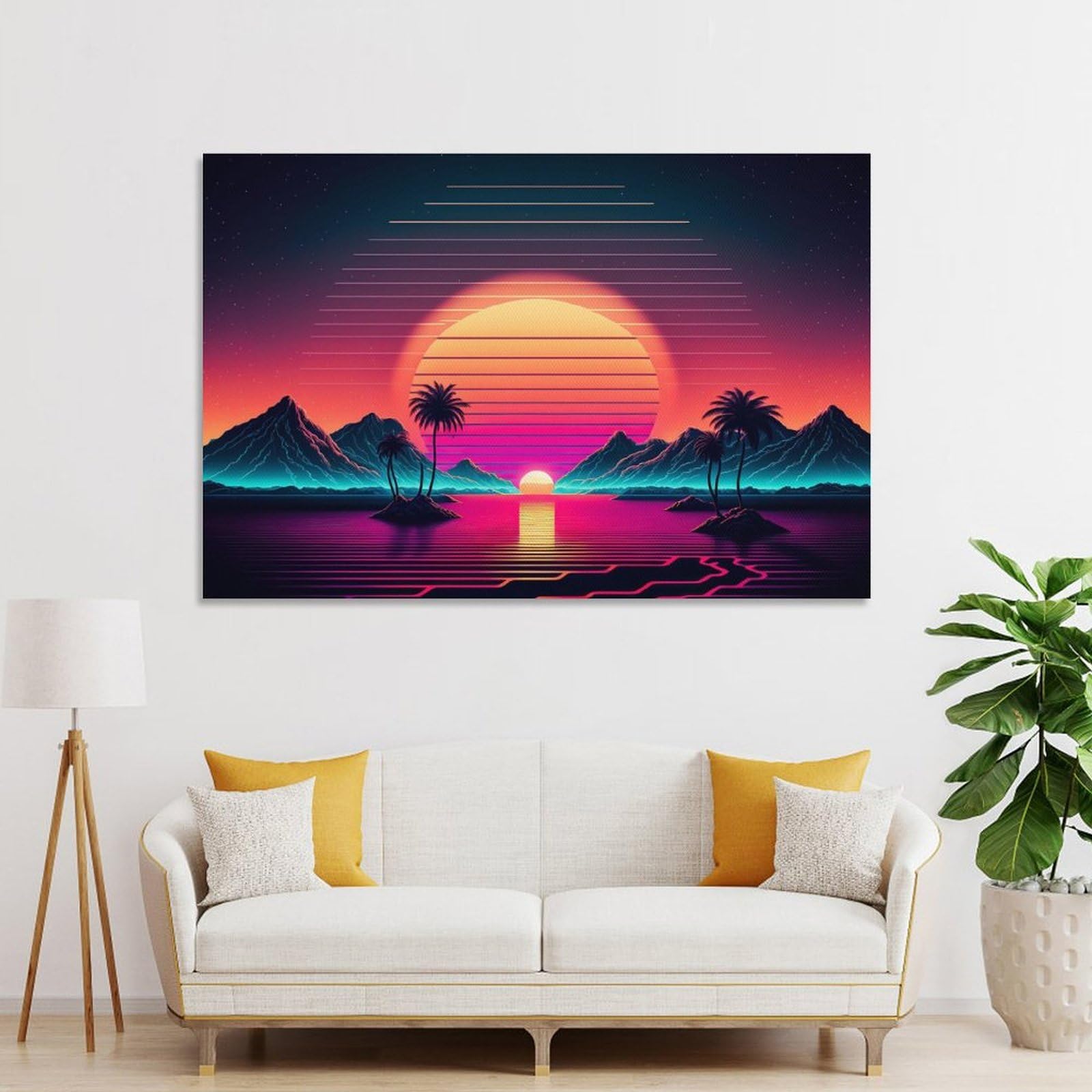 Junmoney Unframe-Style-1 Neon Sunset Palm Trees Decorative Canvas Print, 20X30inch(50X75cm), For Living Room, Bedroom Or Home Office, Canvas Artwork With Gifting Potential