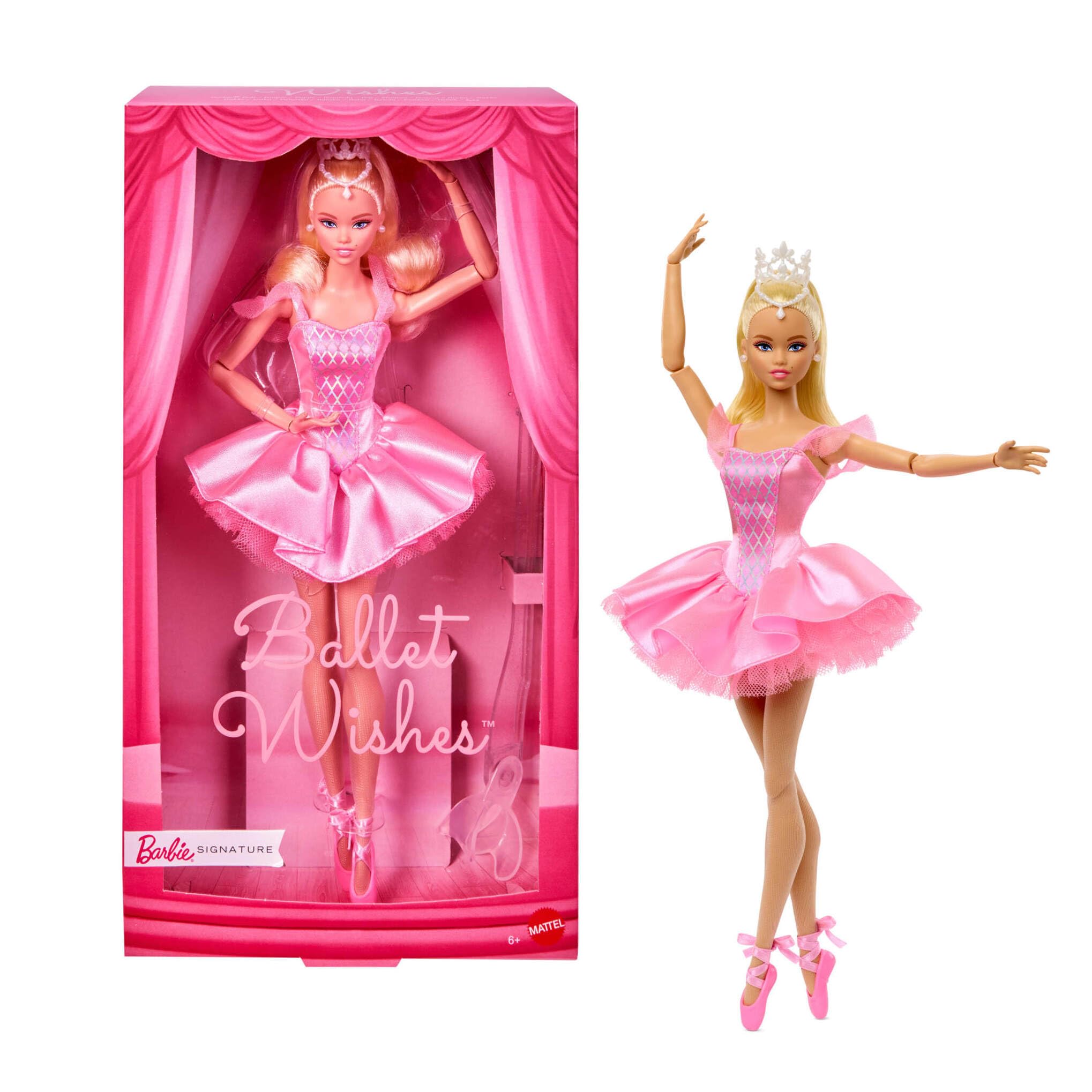 Barbie Signature Deseos de bailarina Muñeca coleccionable con tutú rosa de satén con el pelo rubio y embalaje perfecto para regalar, JBJ10