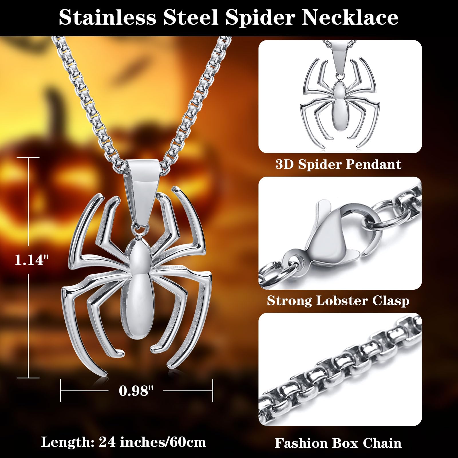 Pająk wisiorek naszyjnik ze stali nierdzewnej Spiderman naszyjniki łańcuszek, srebrny/złoty/czarny pająk amulet Halloween biżuteria zwierzę akcesoria dla fanów pająków mężczyzn kobiet chłopców