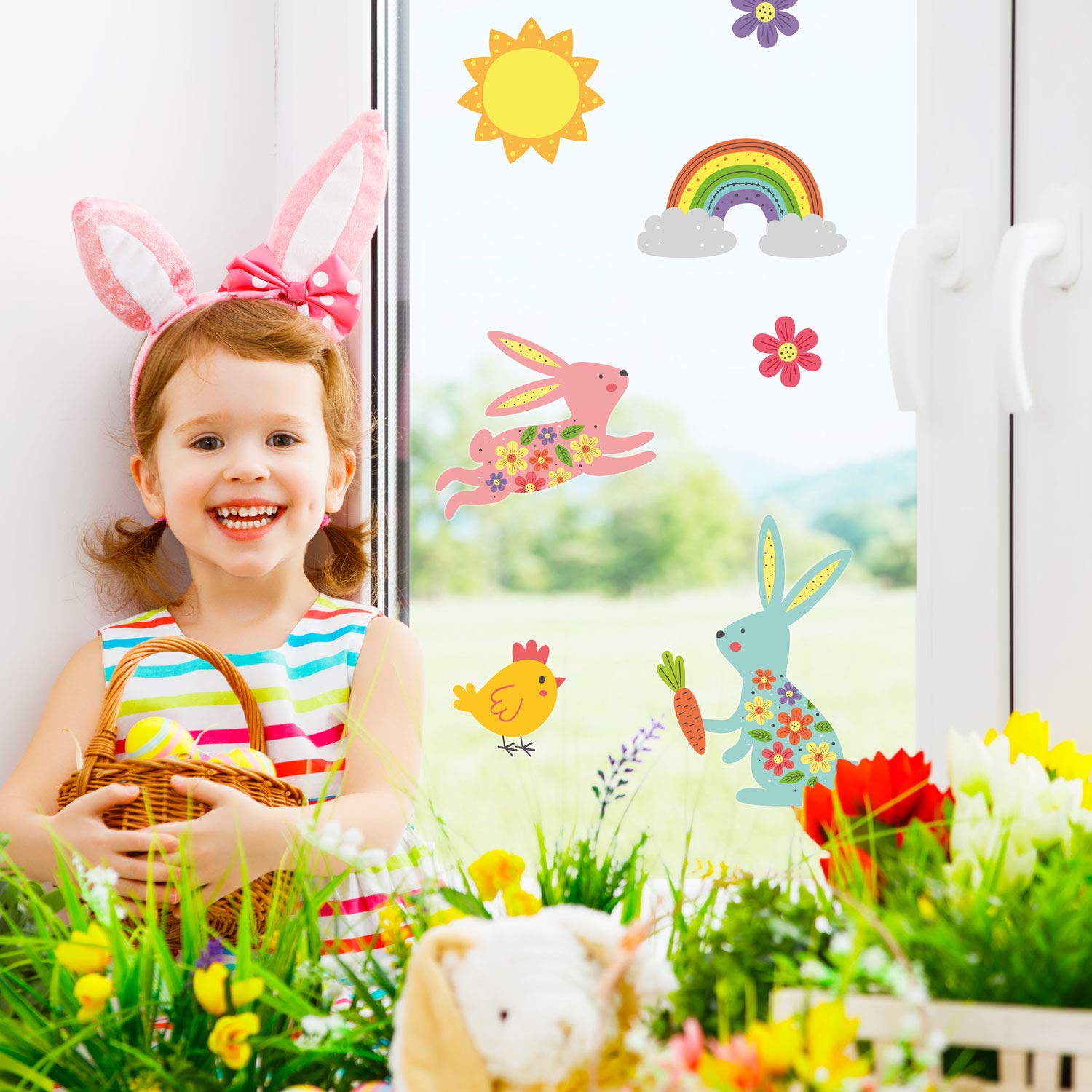 Stickerscape Easter Window Stickers (Bunnies and Rainbows) | Easter Window Decal, Spring Window Decor, Spring Window Stickers | Easy to Apply, Cleanly Removable and Repositionable