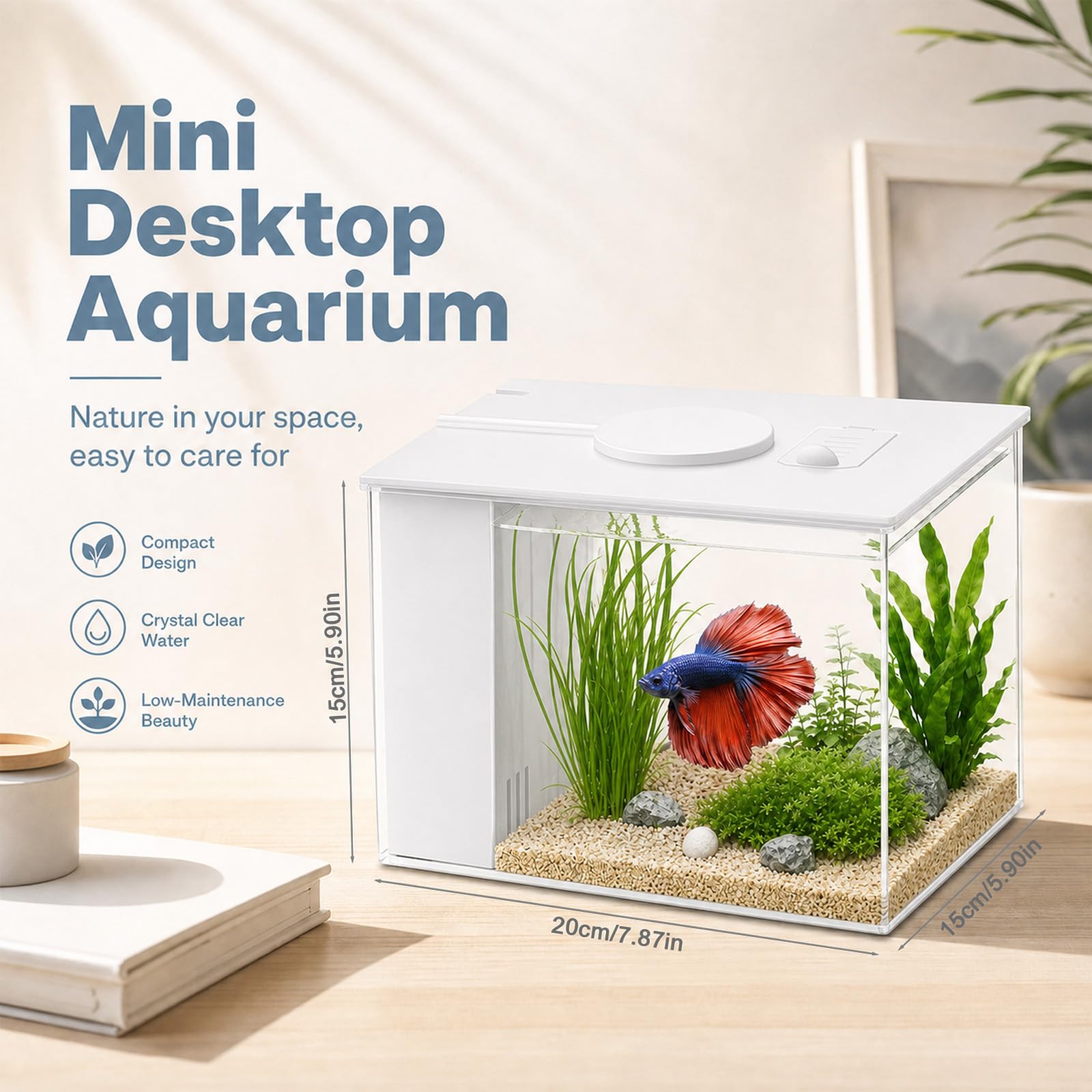 Kit complet d'aquarium de 3,7 l, petit aquarium de table, nano aquarium autonettoyant avec lumières LED et système de filtration, idéal pour les petits poissons, crevettes et plantes (blanc)