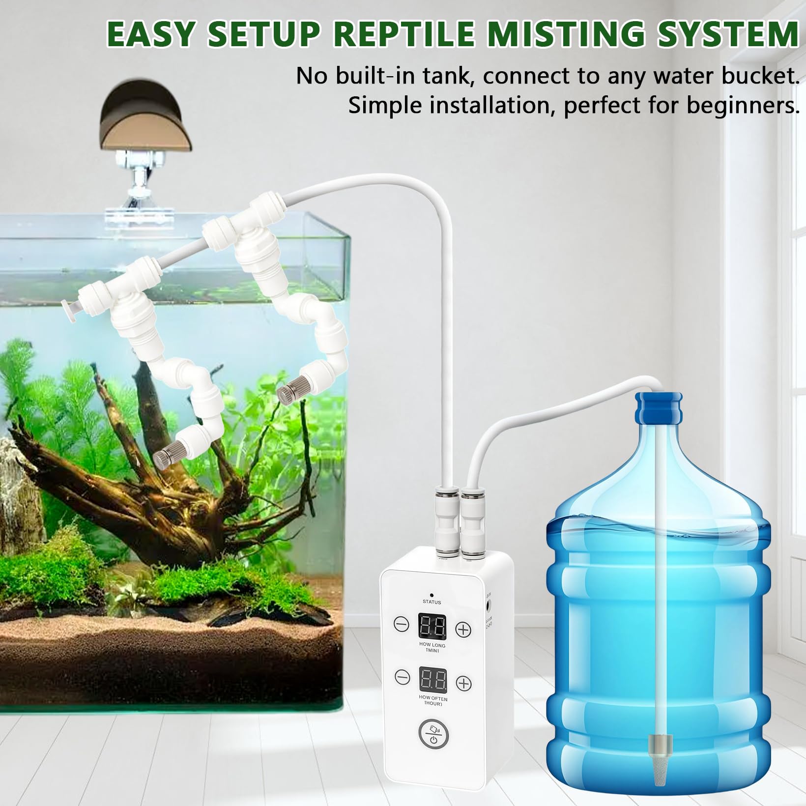Beregnungsanlage Terrarium, Reptilien Benebelungssystem mit Timer und Sprühdüsen 360 ° Verstellbare, Luftbefeuchter Terrarium Nebelsystem für Regenwald Terrarien, Amphibien, Reptilien, Pflanzen