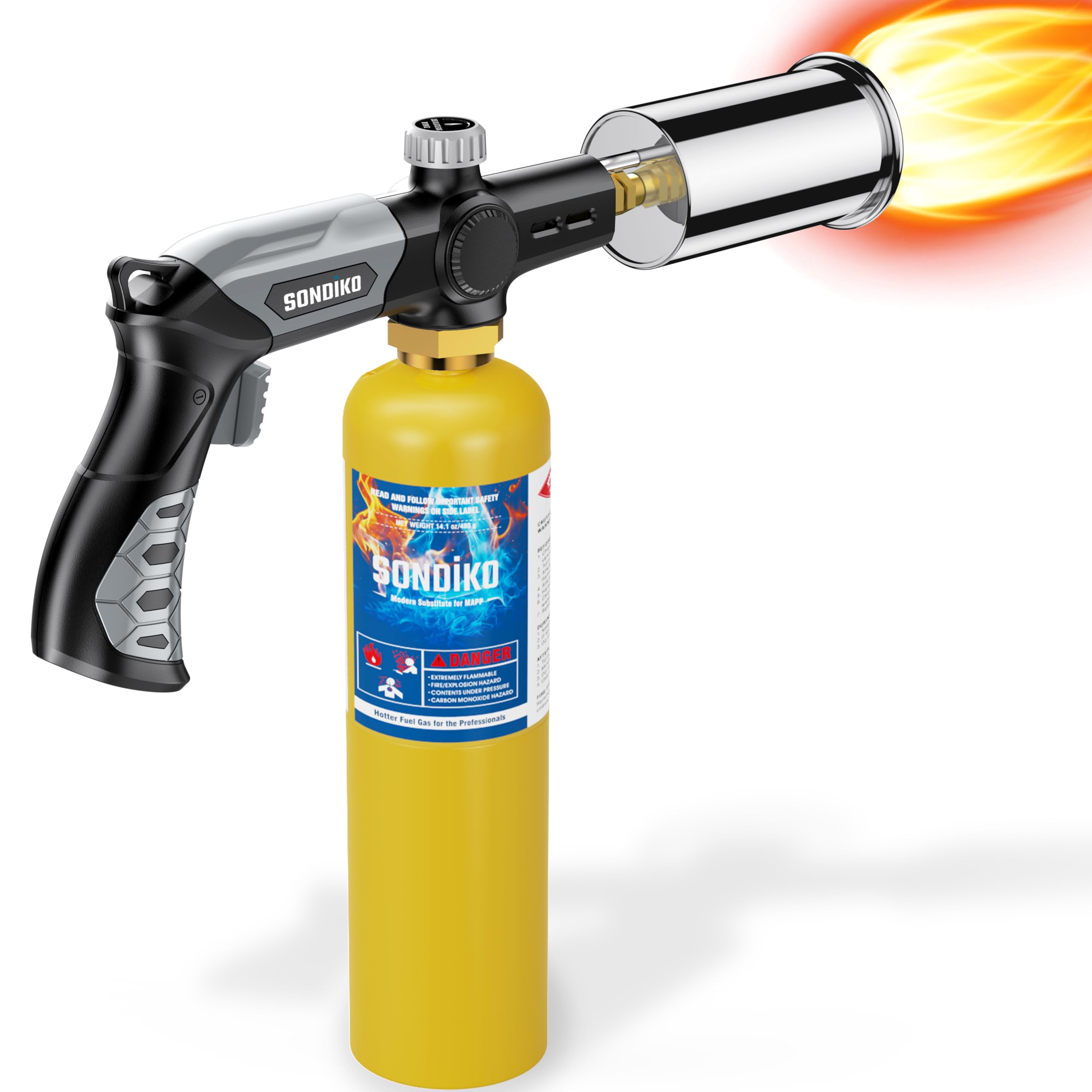 Sondiko Propane Torch with Pre-Filled Cylinder, Powerful Propane Torch Head L8010, Sous Vide, Adjustable Campfire Starter with Standard Propane Fuel Cylinder for Searing Steak, BBQ, Welding