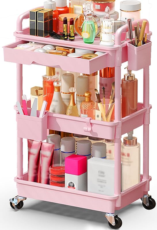 SUNALLY Organizador de Maquiagem com Gaveta e Rodízios, 3 Níveis, Rosa