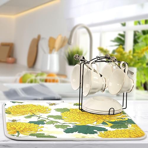 Miniatura 2 de Tapete de secado de platos para encimera de cocina, tapete de secado de cocina de 18 x 24 pulgadas, abejas y crisantemos de otoño, tapete escurridor