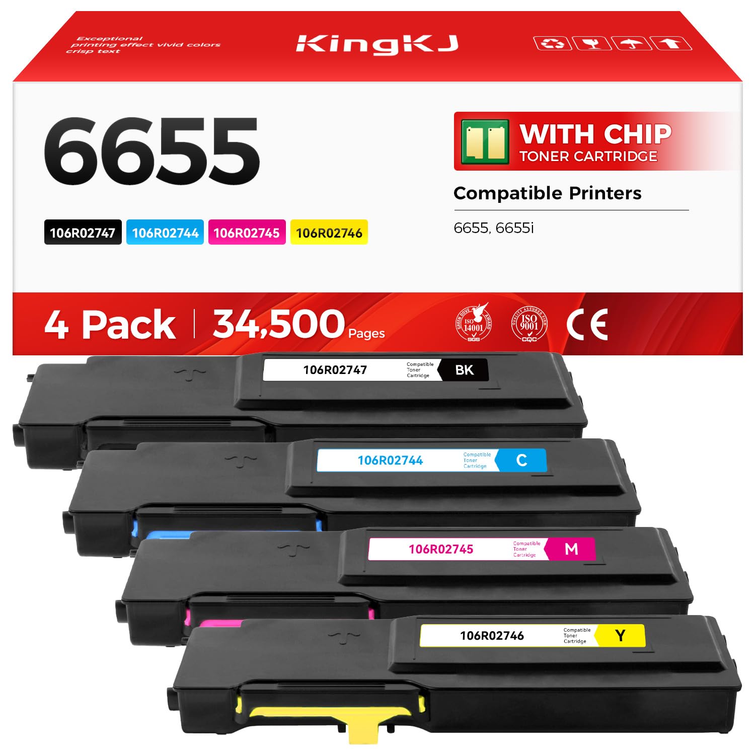 6655 Toner Cartridge Set 4-Pack High Capacity Black Cyan Magenta Yellow Replacement for Xerox 106R02744 106R02745 106R02746 106R02747 Compatible with Xerox WorkCentre 6655 6655i Color Printer Ink Copy