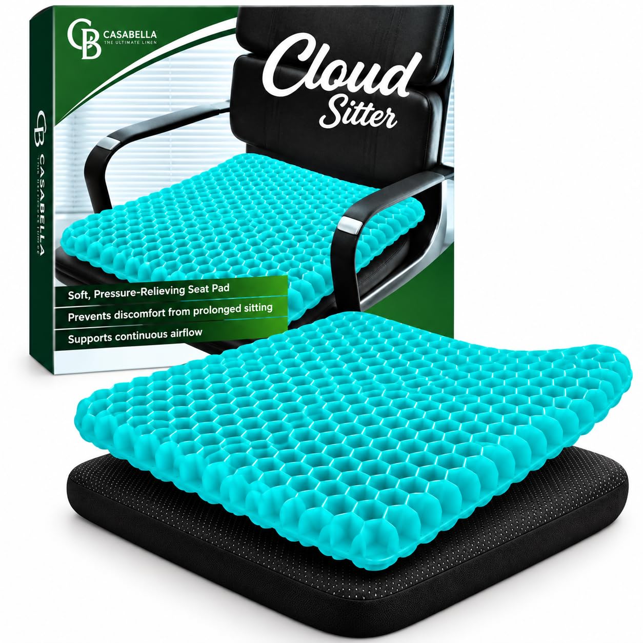 Casabella Gel Seat Cushion for Back Pain Relief - Honeycomb Orthopaedic Cushion for Sciatica & Coccyx Pain - Non-Slip, Breathable Office Chair & Car Seat Cushion for Long Sitting, Wheelchair Aqua Blue