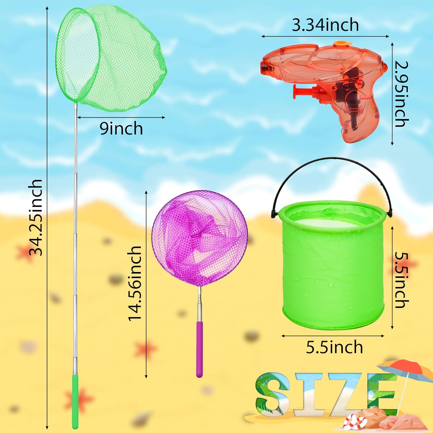 14Pack Telescopic Butterfly Nets Foldable Buckets and Water Gun Set Colorful Fishing Bugs Nets Outdoor Tools for Catching Insect