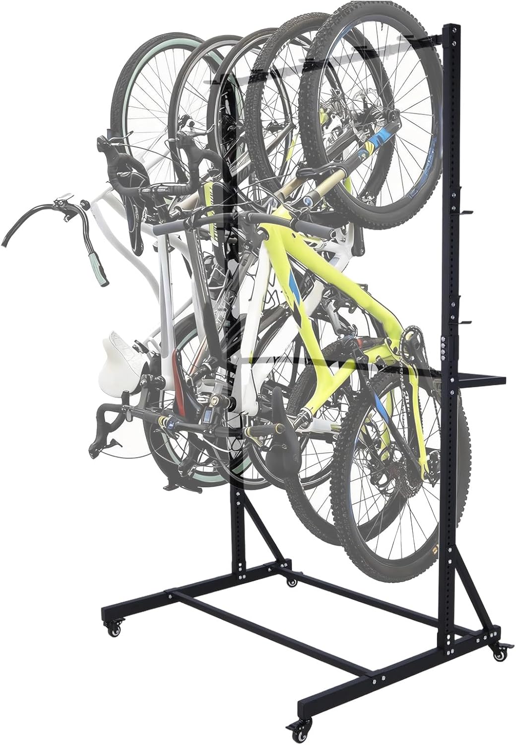 Freestanding Vertical Bike Storage Rack for 5 Bicycles - with 6 Side Hooks & Lockable Casters - Height Adjustable for Bikes to E-Bikes - No Drilling Required Mobile Bike Stand for Garage & Bike Shop
