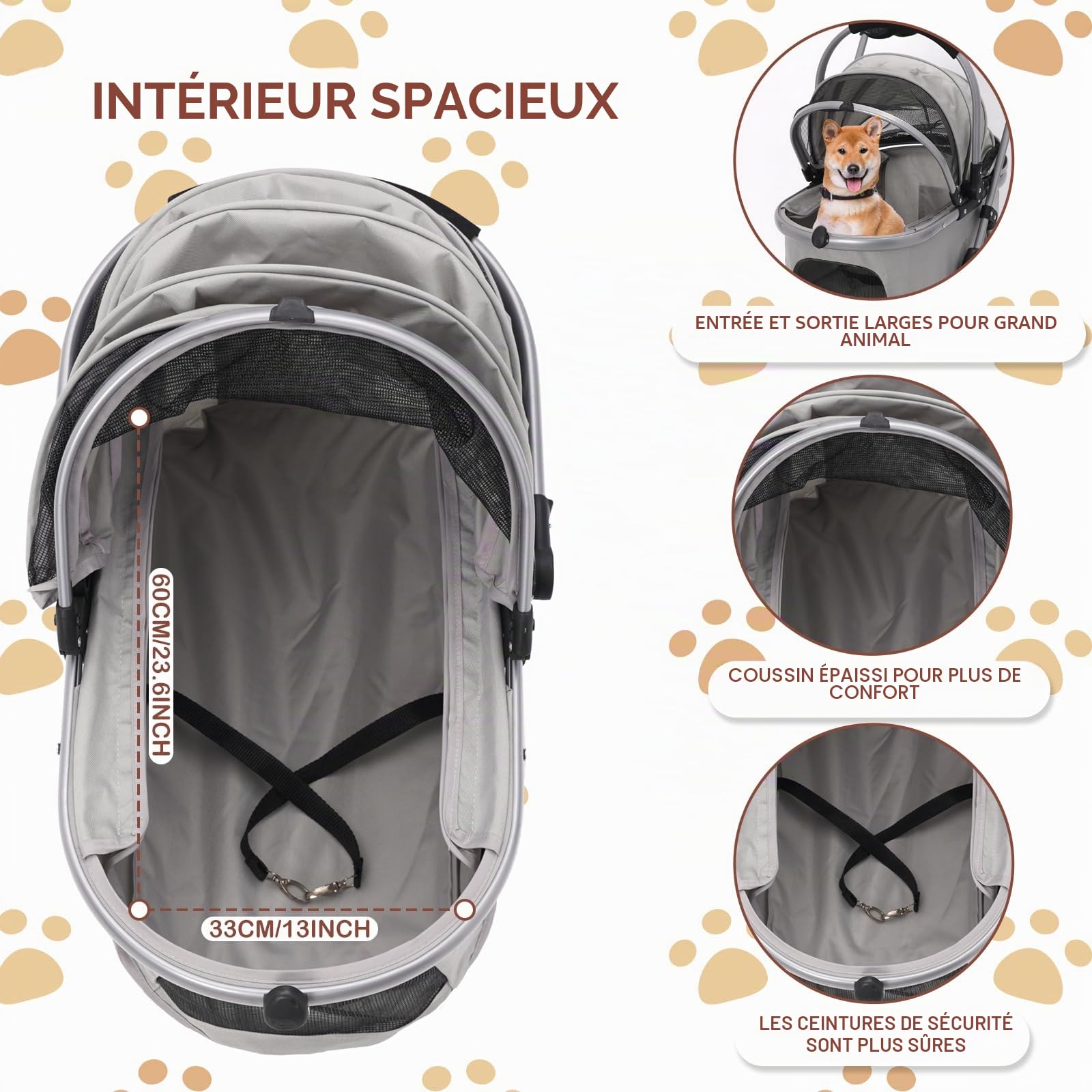 Poussette pour Chien 3-en-1, Poussette pour Chien Pliable Petits Chiens et Chats jusqu'à 20 kg, Roues Résistant à l'Usure à 360°, Animaux Sac de Transport Pliable (Gery)