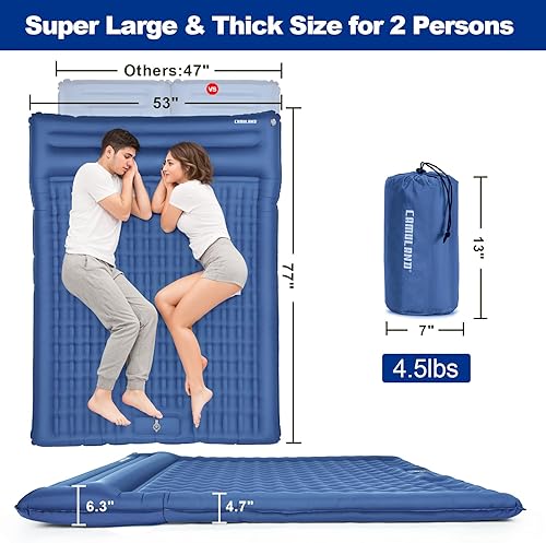 Miniatura 2 de CAMULAND Colchoneta de dormir doble para campamento, 4.7 pulgadas, ultra gruesa, autoinflable, para 2 personas, con bomba de pie de almohada