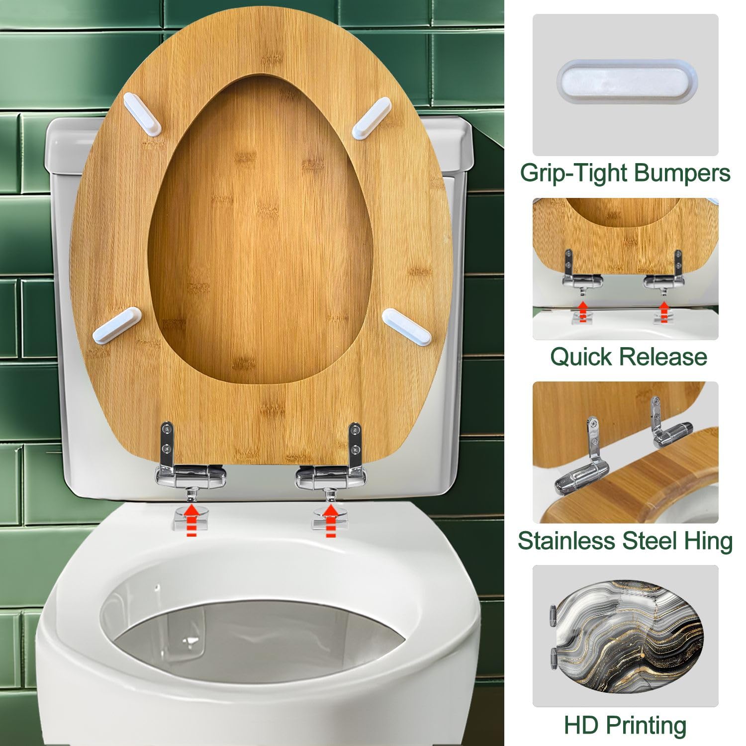 Copriwater decorativo allungato in legno con chiusura ammortizzata e sgancio rapido, motivo astratto in pietra, agata, venature dorate e marmorizzazione, facile da installare.