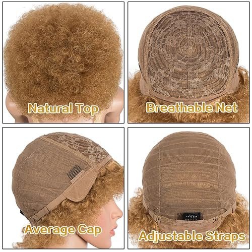 Miniatura 6 de JOEDIR HAIR Pelucas cortas de cabello humano afro para mujeres negras, rubio miel, peluca afro crule, suave y flexible, sin pegamento, densidad del