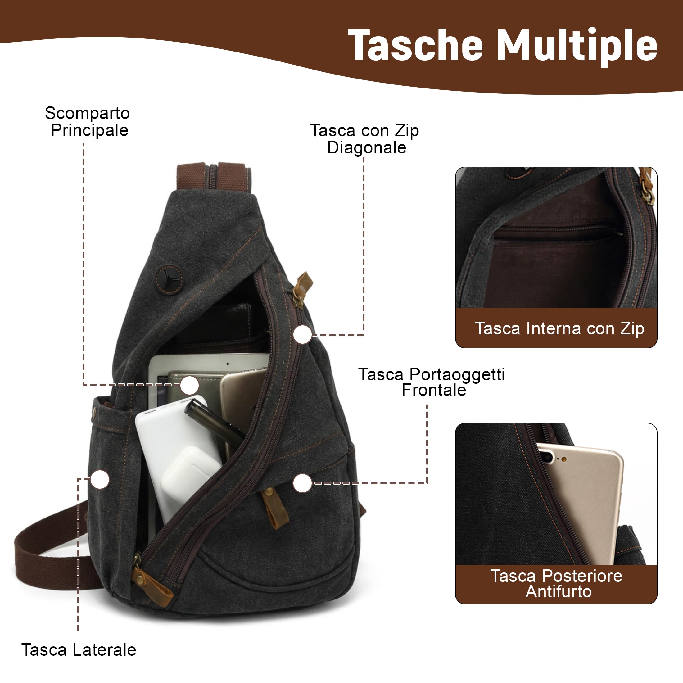 VARLIVOO Zaino Monospalla da Uomo Borse a Spalla Sling Bag Crossbody Bag Escursionismo Viaggio Pendolarismo Campeggio Ciclismo Alpinismo Scuola Tela Sling Backpack Nero