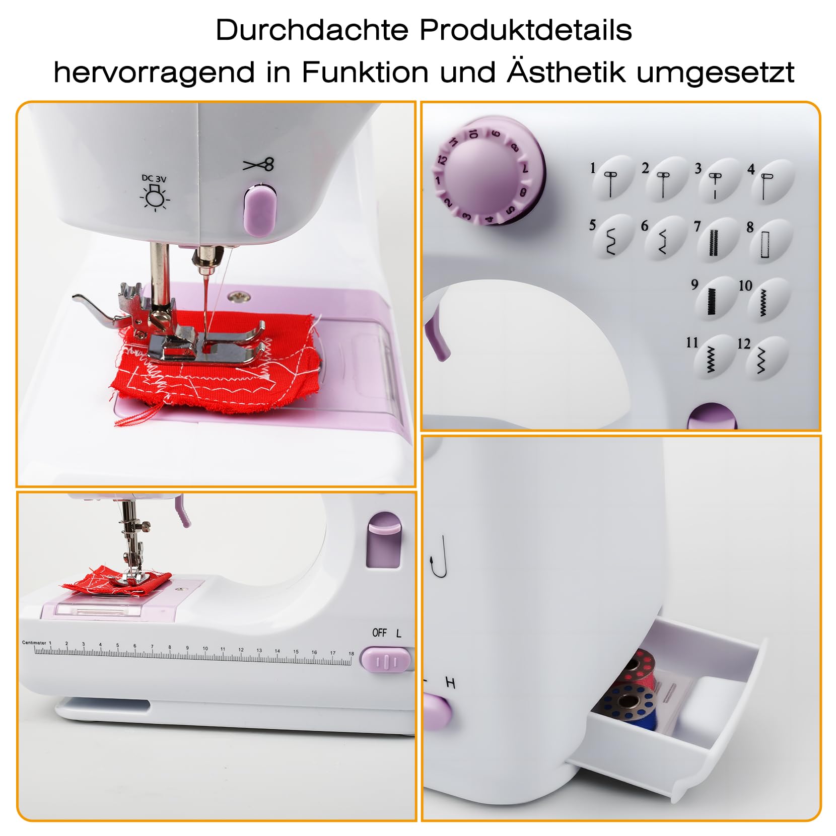 Die elektrische Mini-Nähmaschine BRICH ist ideal für Anfänger und Familien. Sie verfügt über 12 integrierte Nähstiche, wird mit einem Nähset und einem Fußpedal geliefert und ist leicht und tragbar