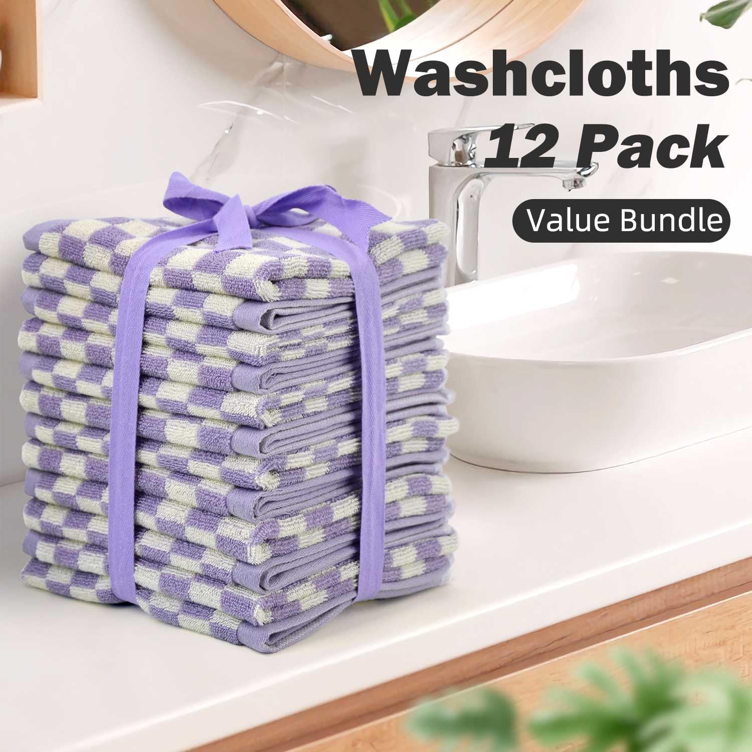 Jacquotha Cotton Washcloth 12 Pack (Lilac Checkered), Soft Absorbent Washcloths Facecloth, Cotton Face Towels Set for Body Showering 13x13 Inches, Gifts