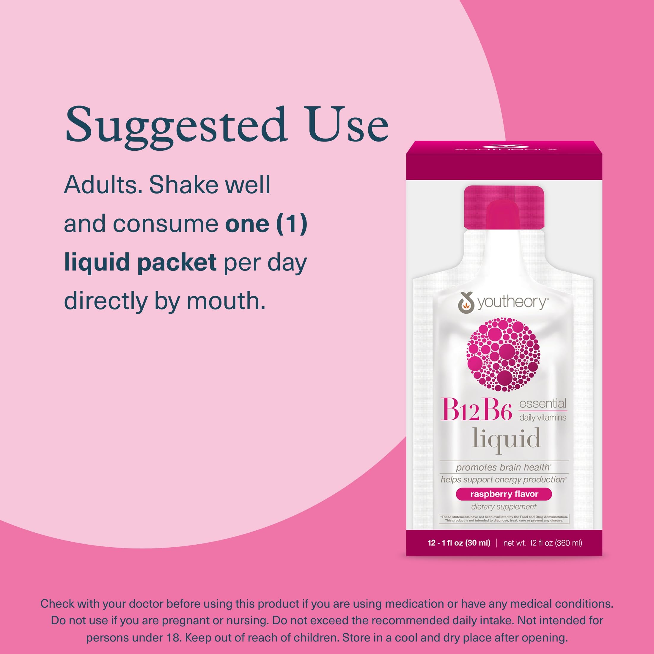 Youtheory Vitamin B12 B6, Daily Energy and Brain Support Supplement, Liquid Raspberry Flavor, 12 – 1oz Single Serving Packets