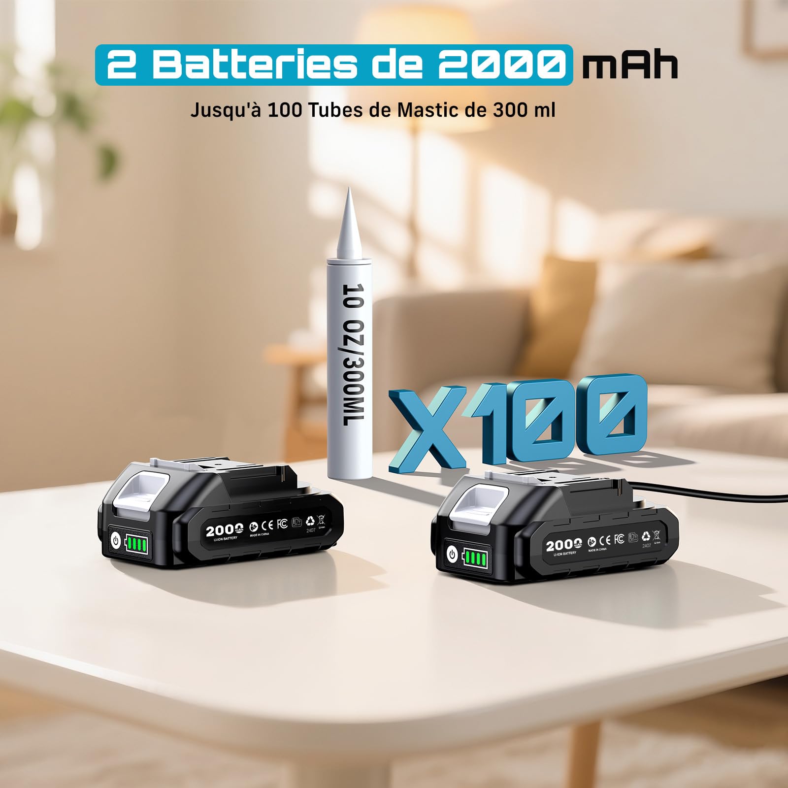 SEESII Pistolet à Cartouche sans Fil 300 ml 2 x 2000 mAh Batteries LED 4 Vitesses
