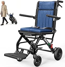 AGELESSJOY Fauteuil roulant pliable léger pour Adultes, Chaise de Transport en Aluminium Ultra-Légère et Pliable avec Poignée Télescopique, Compact et Portable pour Seniors (Bleu)