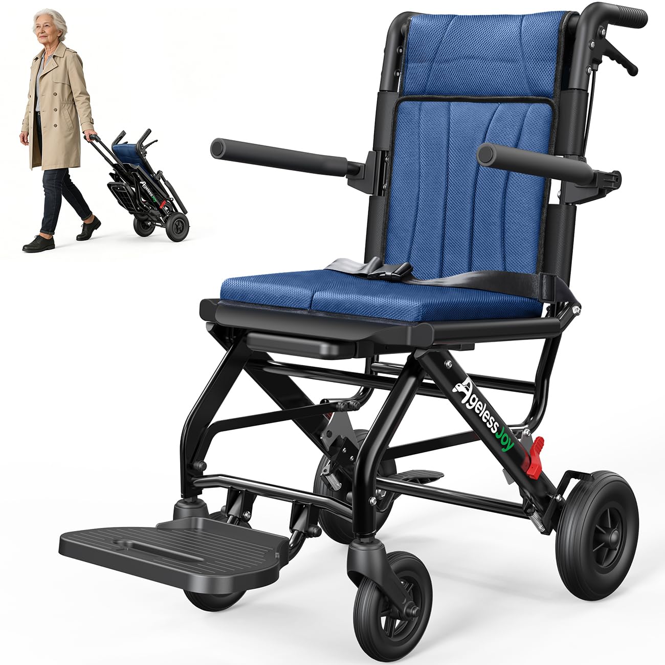 AGELESSJOY Fauteuil roulant pliable léger pour Adultes, Chaise de Transport en Aluminium Ultra-Légère et Pliable avec Poignée Télescopique, Compact et Portable pour Seniors (Bleu)