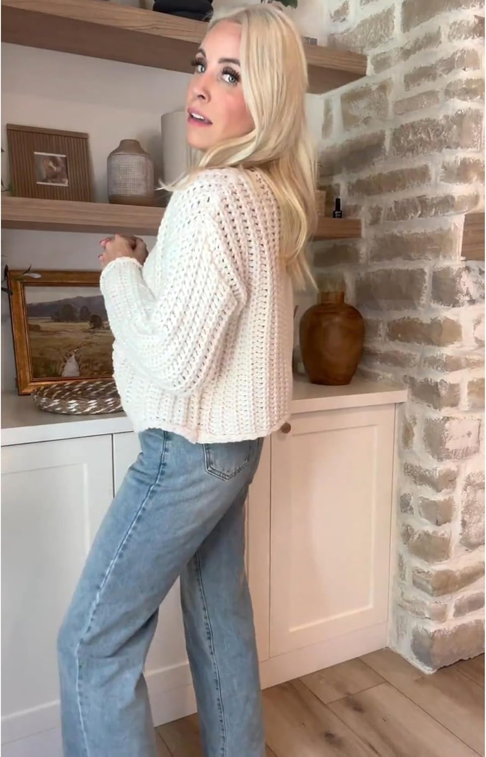 Womens Fall Chunky Knit Cardigan Gold Button Down Long Sleeve Crop Crochet Sweater - Image 8