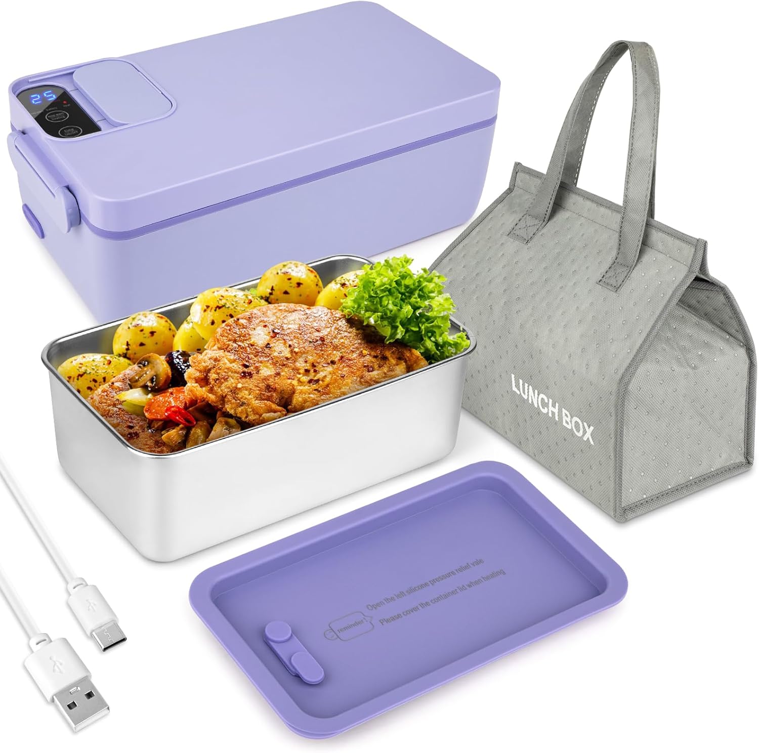 Cordless Electric Lunch Box Food Heater, Battery Powered Heated Lunch Box Food Warmer for Adults, Adjustable Heating Warming Time, 1L Self Heating Hot Lunch Boxes with Insulated Bag Purple