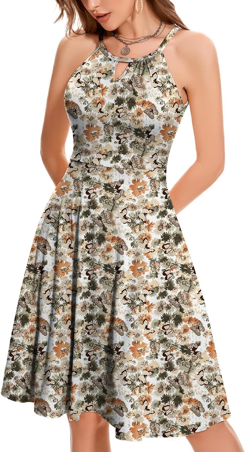 ANYFITTING Built in Bra Halter Dresses for Women 2026 Summer Pockets Dress Flowy Midi Sundresses Beach Vacation