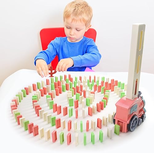 Miniatura 7 de Domino Train - 200 juguetes de tren de dominó apilables automáticos, juego de tren de dominó para niños con luces y sonido, bloques de dominó