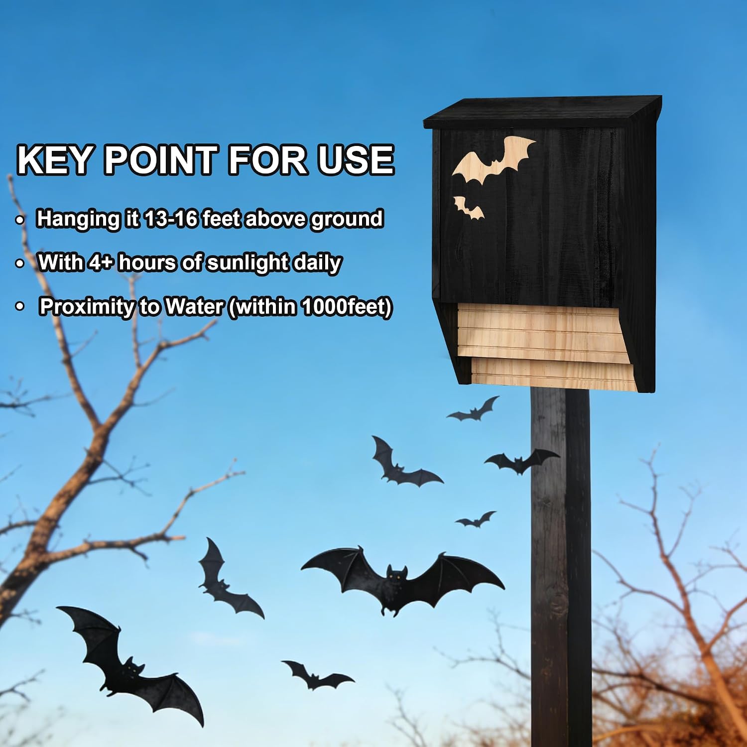 Bat House, Large Weatherproof Bat Houses for Outdoors Durable Easy to Install Bat Boxes for Outside Bat Box for Trees Bat House Kit Designed to Attract Bats Shelter for Yard Garden Patio (Black)