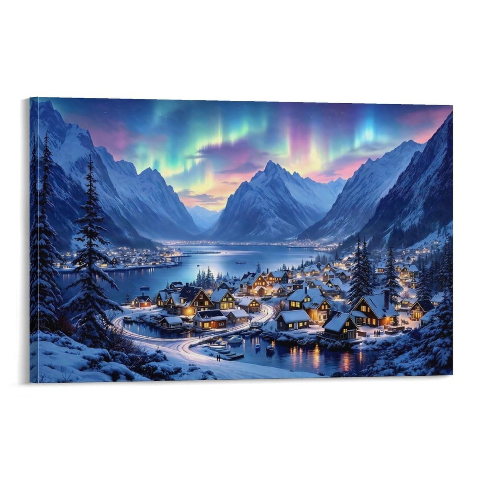CPLVKWRQJ Winter Village Aurora Single Snowy Mountain Town Framed Canvas Wall Art - Kitchen Removable Wall Art Multi-Purpose Focal Point Decor 20x30inch(50x75cm)
