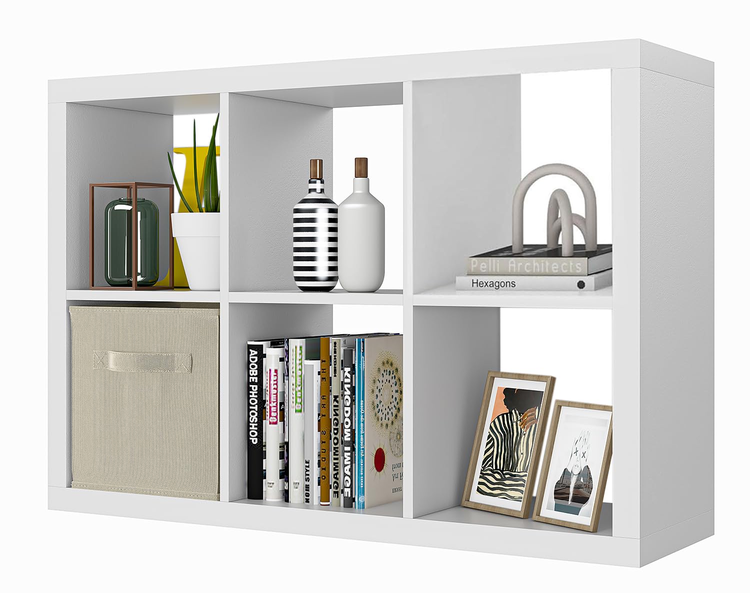 furtble Bookshelf with Storage Bin, 6-Cube Storage Organizer, Modern Wood Open Bookcase, Multifunctional Display Cubicle Shelf for Living Room,