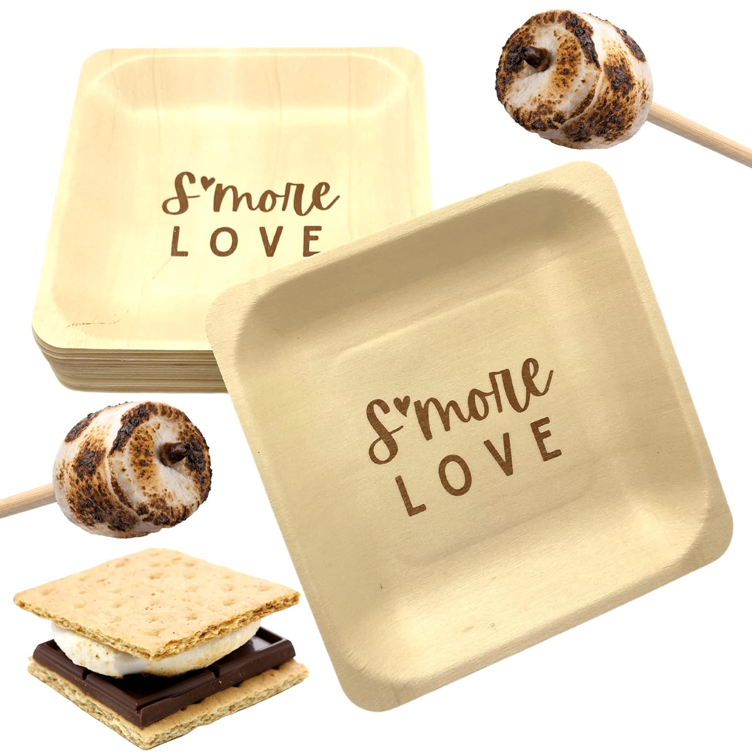 FireStix S'more Love Birch Wood Plates 25 Count - Eco-Friendly 100% Compostable 5" x 5" Plates - Perfect For S;mores, Parties, Wedding Events (5.5" x 5.5" Appetizer Plate) 25 Count (FSSL25CT)