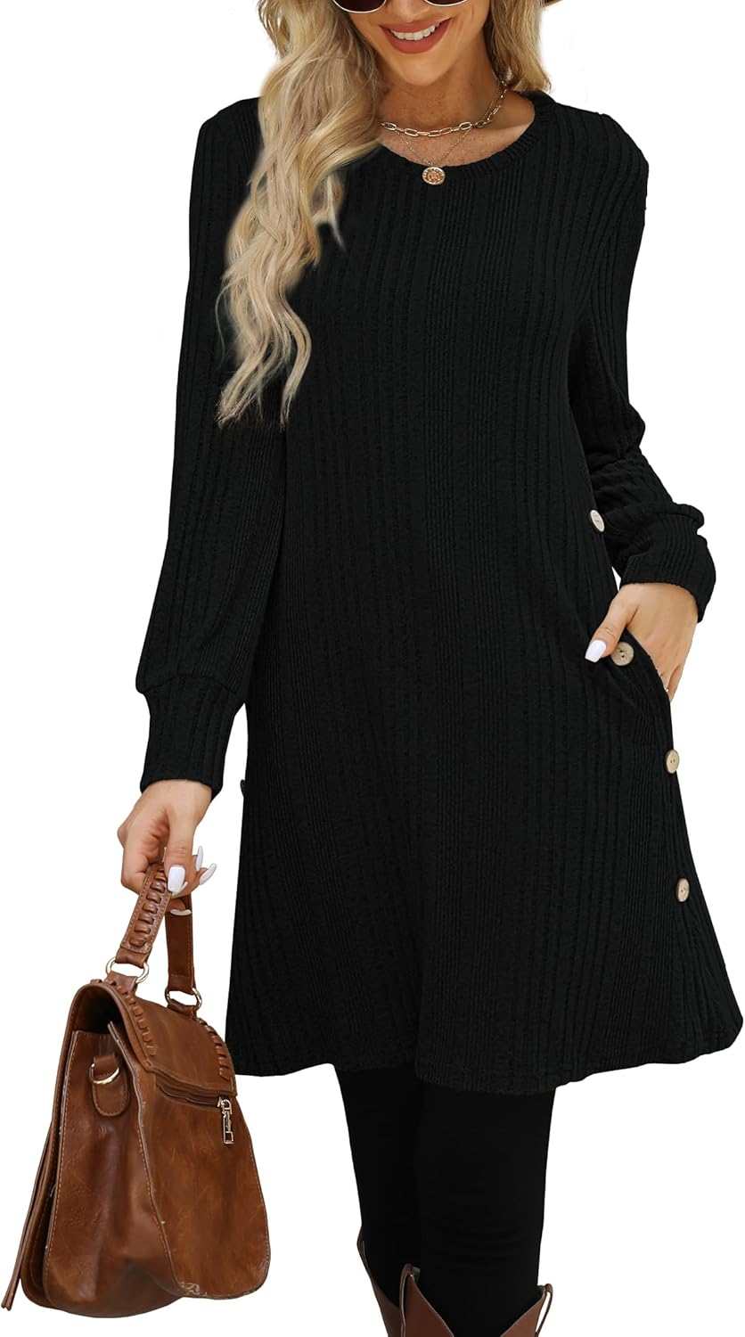 Kikibell Women's Knit Dress Long Sleeve Casual Crew Neck Tunic Dresses with Pockets Button Side Fall Winter Trendy Outfits - Image 3