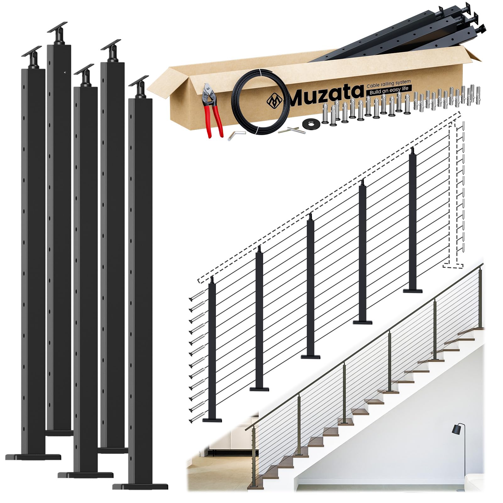 Photo 1 of Muzata Modular Cable Railing Kit for Stairs, Black, 42in